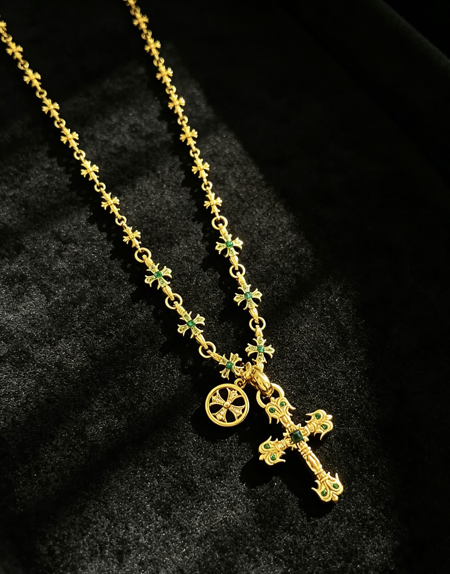 Chrome Hearts Gold Cross Pendant Necklace with Emerald Accents